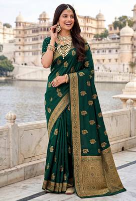 Dark green soft silk blend woven designer saree 1