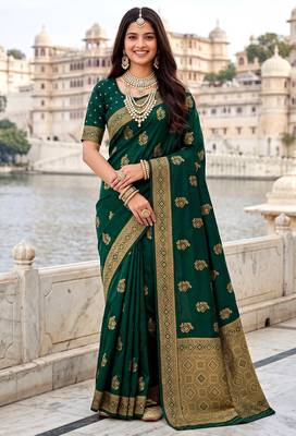Dark green soft silk blend woven designer saree 4