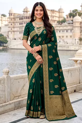Dark green soft silk blend woven designer saree