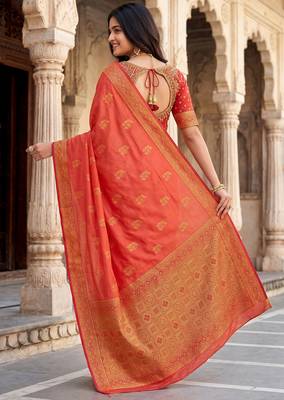 Peach soft silk woven designer saree 2