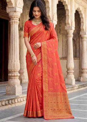Peach soft silk woven designer saree 1