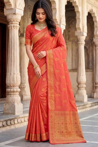 Peach soft silk woven designer saree