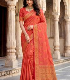 Peach soft silk woven designer saree