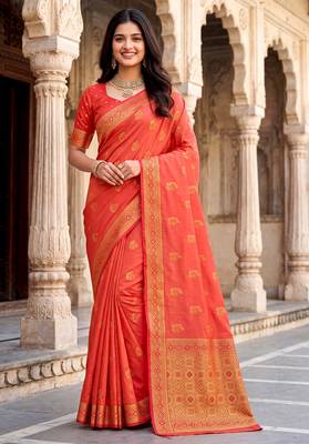 Peach soft silk woven designer saree 4