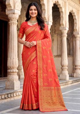Peach soft silk woven designer saree 5
