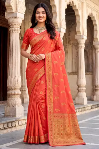 Peach soft silk woven designer saree