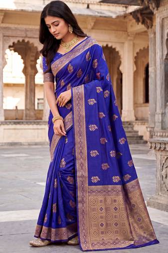 Royal blue soft silk blend woven designer saree