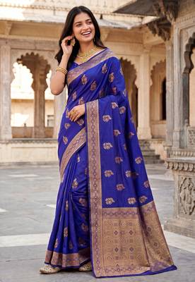 Royal blue soft silk blend woven designer saree 4