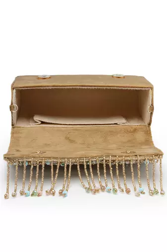   blush & bead antique gold & pastel multi suede embellished clutch
