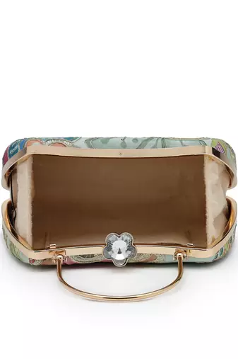   woven reverie mint green multi abstract floral embroidered clutch