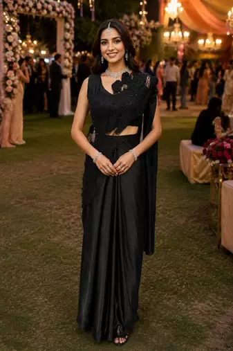 Trending black premium satin crush ready-to-wear saree with heavy worked stiched blouse     wedding & party wear