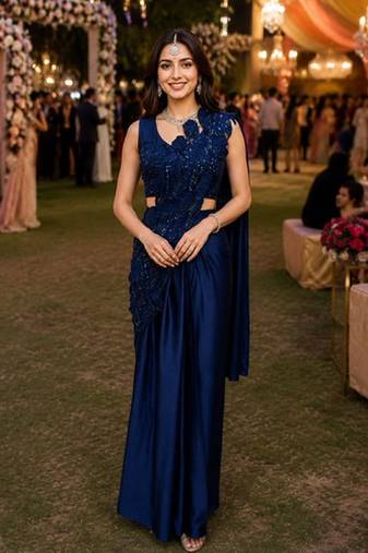 Trending blue premium satin crush ready-to-wear saree with heavy worked stiched blouse     wedding & party wear