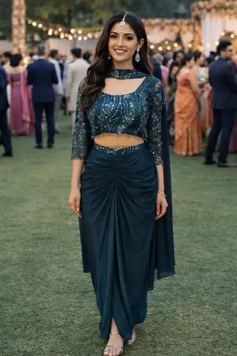 Designer teal blue premium lycra ready-to-wear saree with sequins embroidered stiched blouse