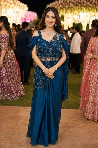 Luxury blue fandy satin ready-to-wear saree with heavy worked  stiched blouse     wedding & party