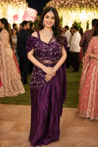 Luxury wine fandy satin ready-to-wear saree with heavy worked  stiched blouse     wedding & party