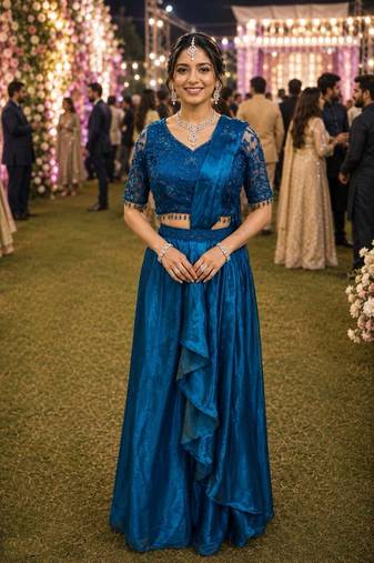 Designer blue fandy satin ready-to-wear saree with embroidered stiched blouse     wedding & party wear