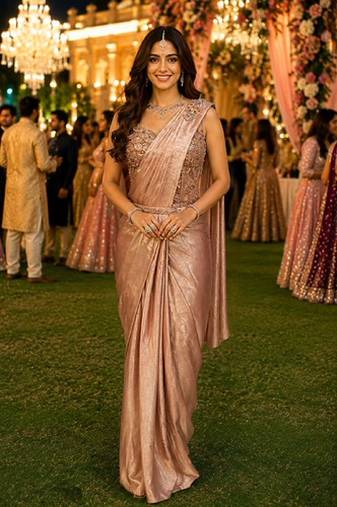 Women's stylish blush pink satin ready to wear saree with stiched blouse -perfect for party & festive