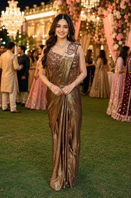 Women's stylish brown satin ready to wear saree with stiched blouse -perfect for party & festive 1