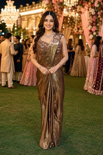 Women's stylish brown satin ready to wear saree with stiched blouse -perfect for party & festive