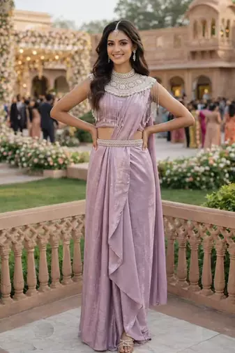 Graceful women's lavender embroidered ready to wear satin saree with stiched blouse