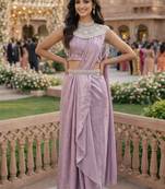 Graceful women's lavender embroidered ready to wear satin saree with stiched blouse