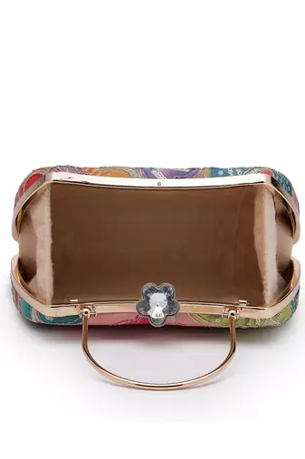   woven reverie coral multi abstract floral embroidered clutch