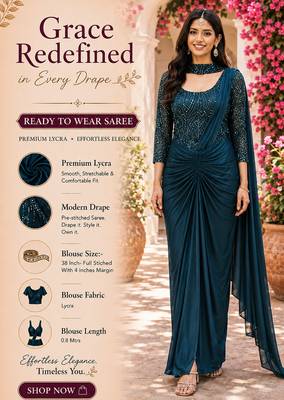 Designer teal blue premium lycra ready-to-wear saree with sequins embroidered stiched blouse 2