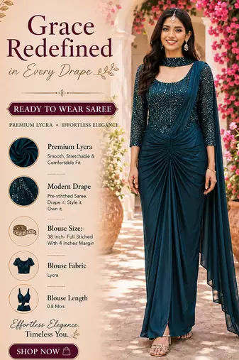 Designer teal blue premium lycra ready-to-wear saree with sequins embroidered stiched blouse