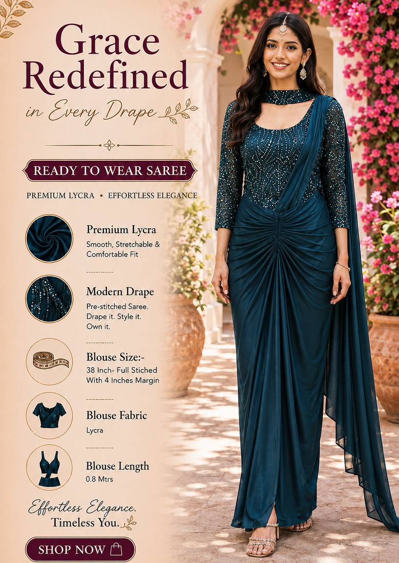 Designer teal blue premium lycra ready-to-wear saree with sequins embroidered stiched blouse