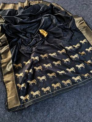 Premium black soft silk saree with golden horse motifs 1