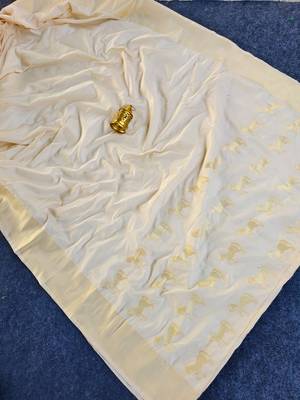 Premium white soft silk saree with golden horse motifs 1