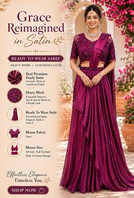 Designer wine fandy satin ready-to-wear saree with embroidered stiched blouse     wedding & party wear 2