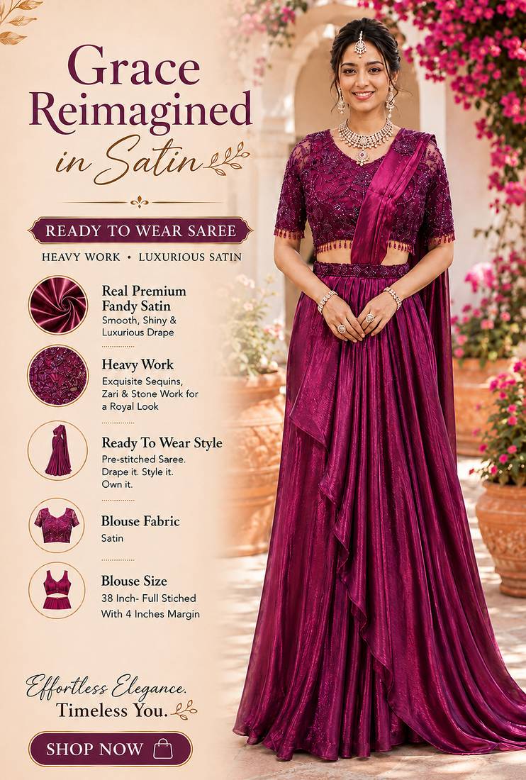Designer wine fandy satin ready-to-wear saree with embroidered stiched blouse     wedding & party wear