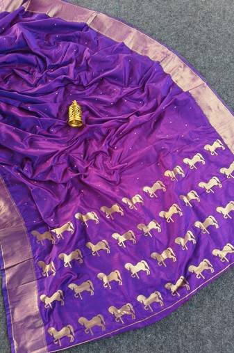 Premium purple soft silk saree with golden horse motifs