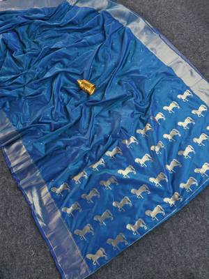 Premium blue soft silk blend saree with golden horse motifs 1
