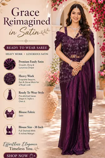 Luxury wine fandy satin ready-to-wear saree with heavy worked  stiched blouse     wedding & party