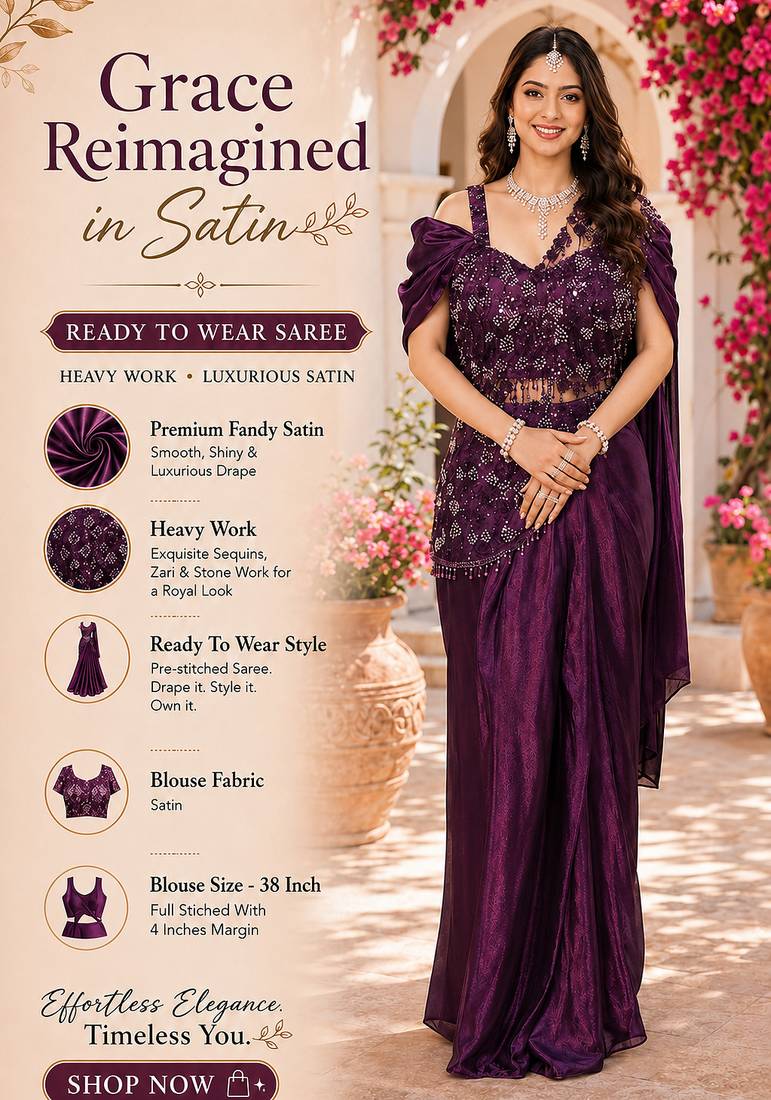 Luxury wine fandy satin ready-to-wear saree with heavy worked  stiched blouse     wedding & party