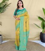 Mustard pure zari weaving silk saree with imaginative blouse piece