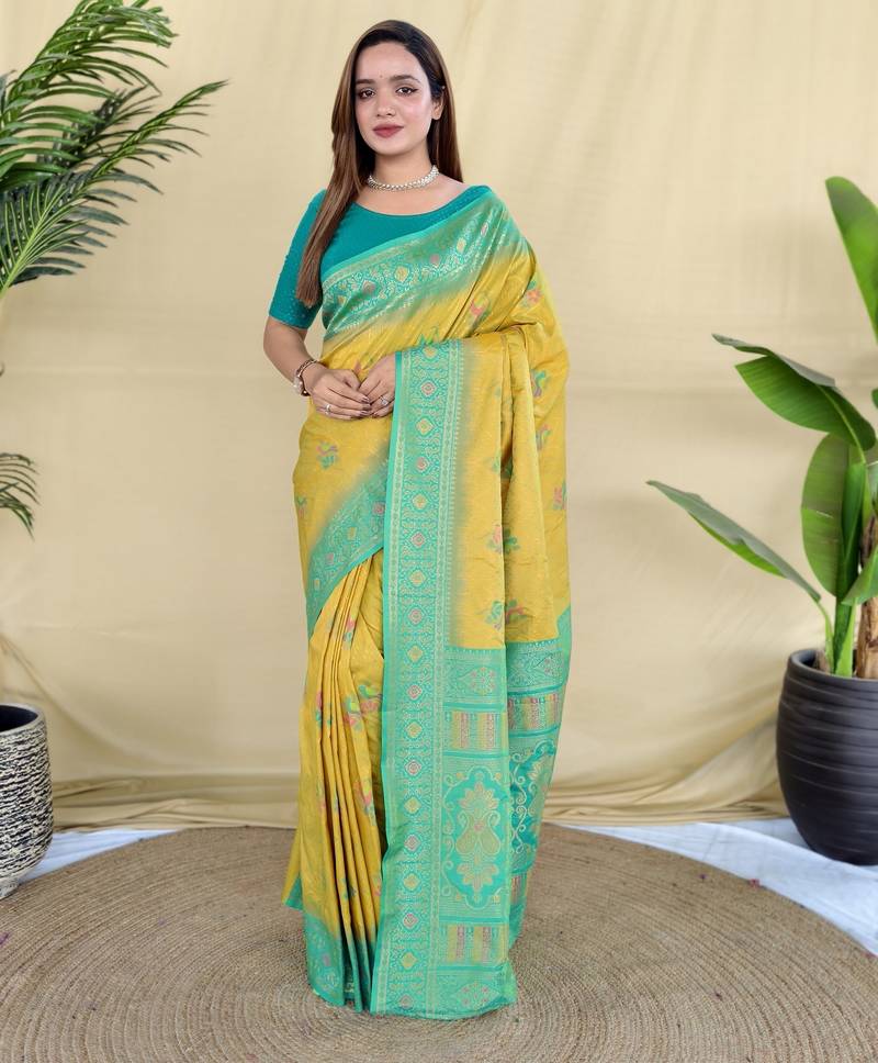Mustard pure zari weaving silk saree with imaginative blouse piece