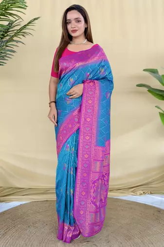 Blue zari weaving banarasi silk blend saree with imaginative blouse piece