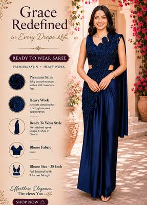 Trending blue premium satin crush ready-to-wear saree with heavy worked stiched blouse     wedding & party wear 2