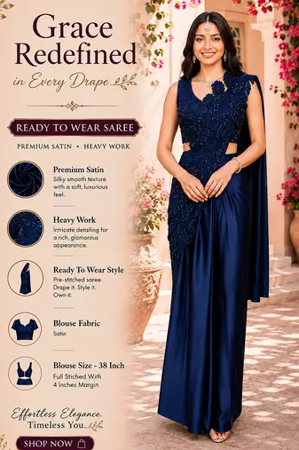 Trending blue premium satin crush ready-to-wear saree with heavy worked stiched blouse     wedding & party wear