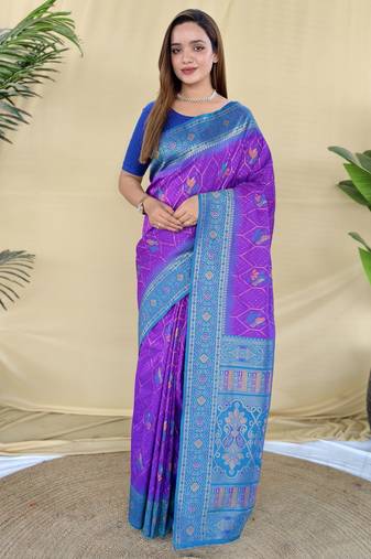 purple pure zari weaving silk blend saree with imaginative blouse piece