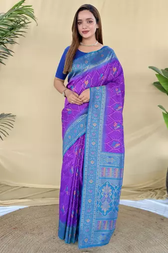 purple pure zari weaving silk blend saree with imaginative blouse piece