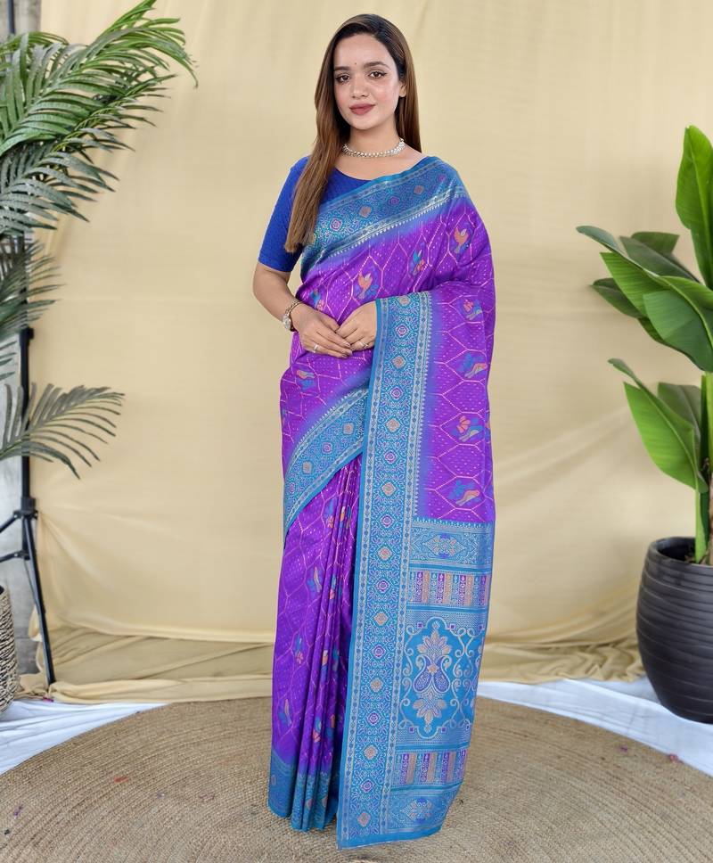 Purple pure zari weaving banarasi silk saree with imaginative blouse piece