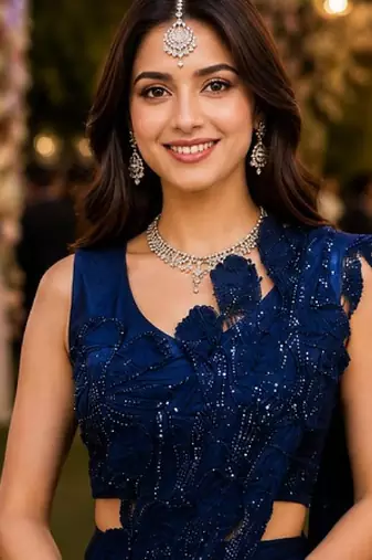 Trending blue premium satin crush ready-to-wear saree with heavy worked stiched blouse     wedding & party wear