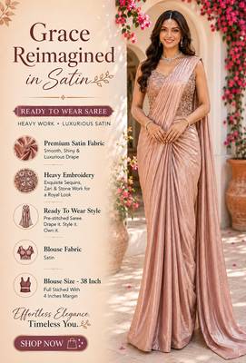 Women's stylish blush pink satin ready to wear saree with stiched blouse -perfect for party & festive 2