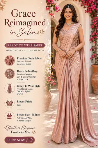 Women's stylish blush pink satin ready to wear saree with stiched blouse -perfect for party & festive