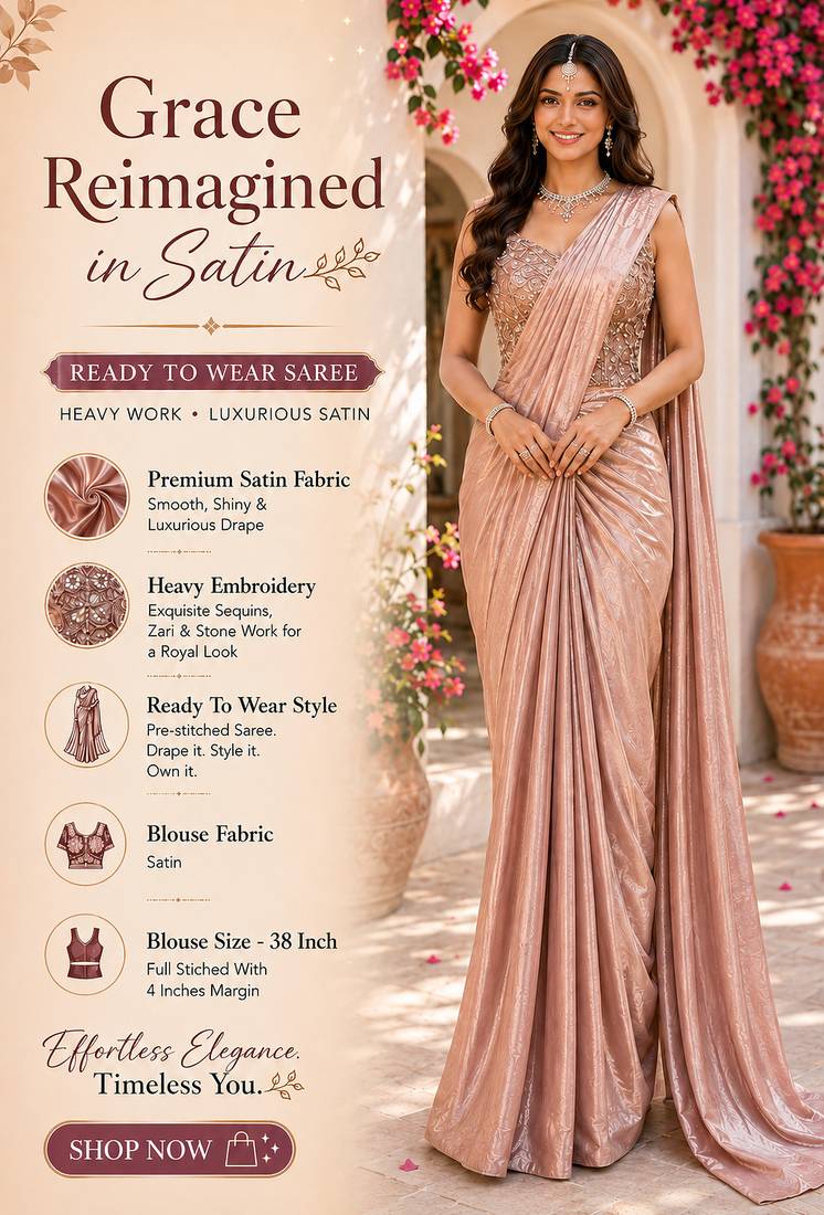 Women's stylish blush pink satin ready to wear saree with stiched blouse -perfect for party & festive