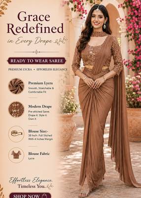 Designer brown premium lycra ready-to-wear saree with sequins embroidered stiched blouse 2